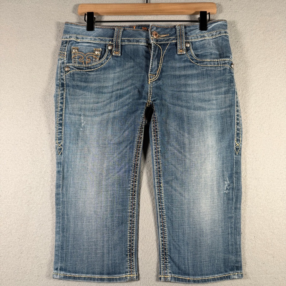 Rock Revival Christina Cropped Jeans Women 30 Medium Wash Rhinestone Capri Denim